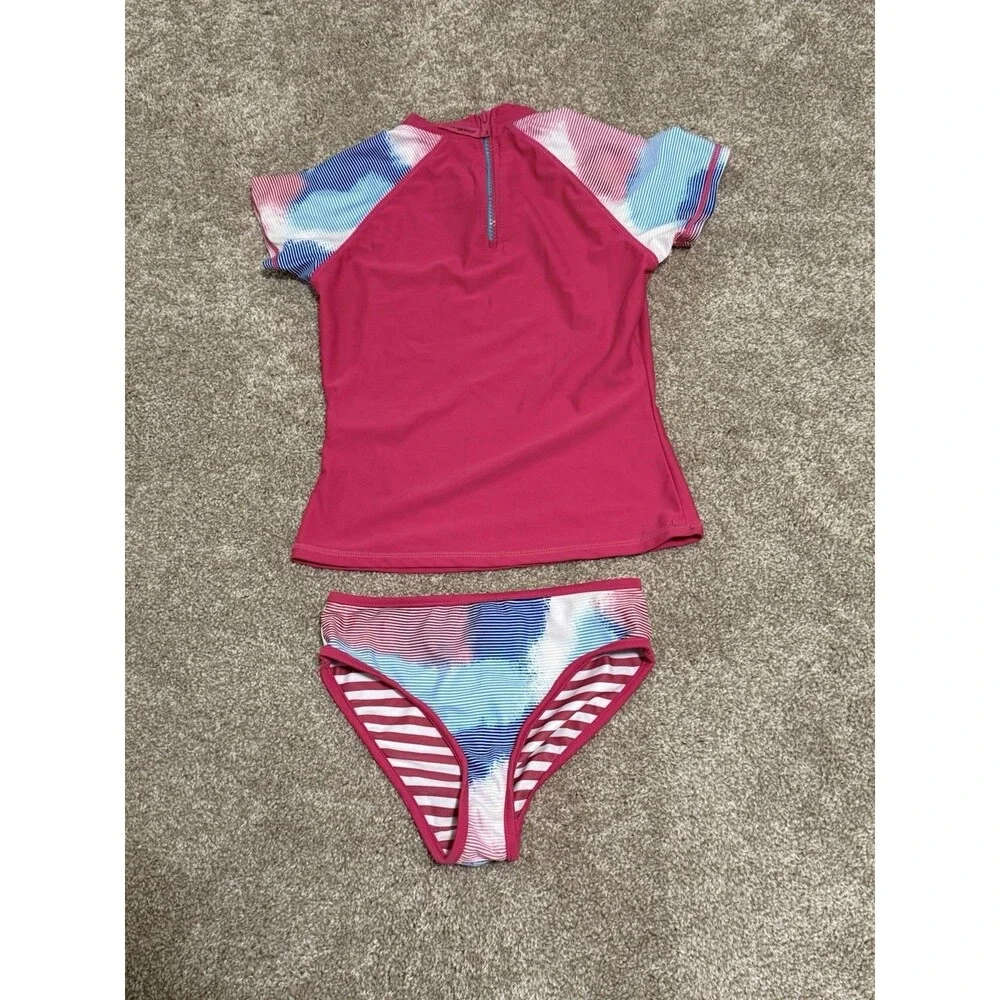 Eddie Bauer Girls Swimsuit Set Short Sleeve Rash Guard Bikini Bottoms   Size 7/8